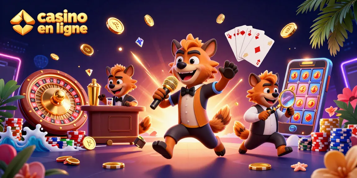 Animation casino en ligne avec des hyènes, cocktails, et jetons scintillants pour un divertissement inoubliable