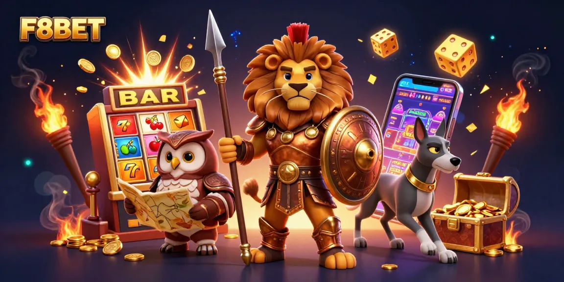 Experience the thrilling world of F8BET with a dynamic casino scene featuring a Spartan lion, owl strategist, and greyhound messenger.