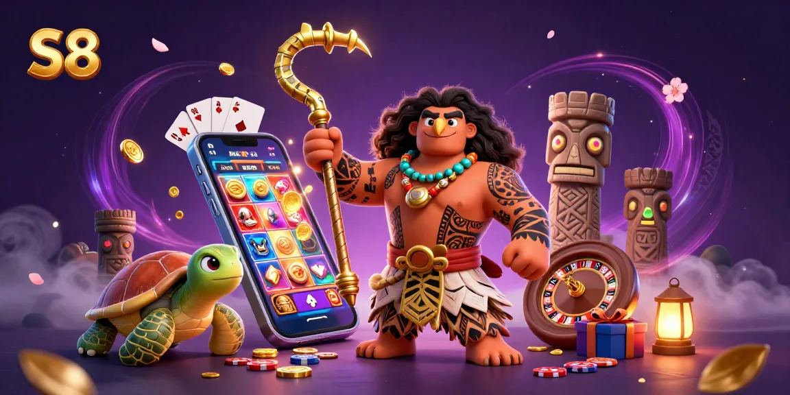 S8 engages players with an exciting 3D casino scene featuring a demigod and vibrant gaming elements.