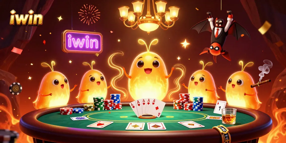 Engage in iwin's dynamic poker scene with glowing characters animatedly lighting up the casino.