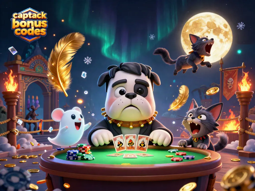 Join the fun with captain jack bonus codes while a cartoon bulldog deals cards at a spooky casino table.