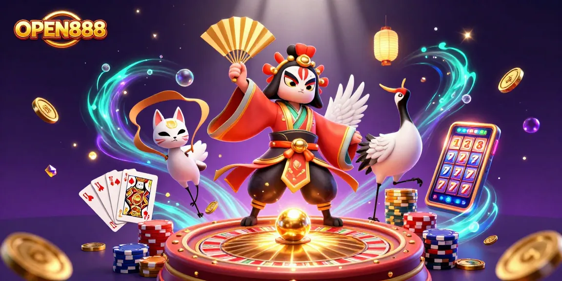 Experience the excitement of OPEN888 with kabuki warriors amidst dazzling casino elements.