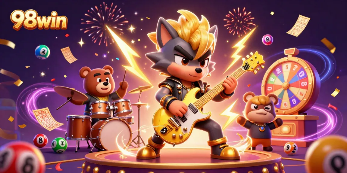 Engage with 98win's vibrant casino illustration featuring a rock star wolf and exciting gaming elements.