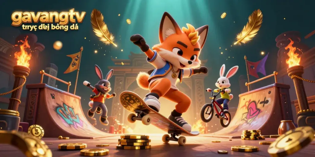 Experience thrilling gaming with gavangtv trực tiếp bóng đá on a dynamic illustration of a skateboarder fox and BMX rabbit.
