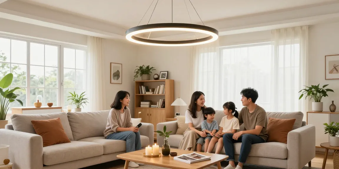 Lustra living modernă suspendată în cameră confortabilă, iluminând spațiul cu stil.