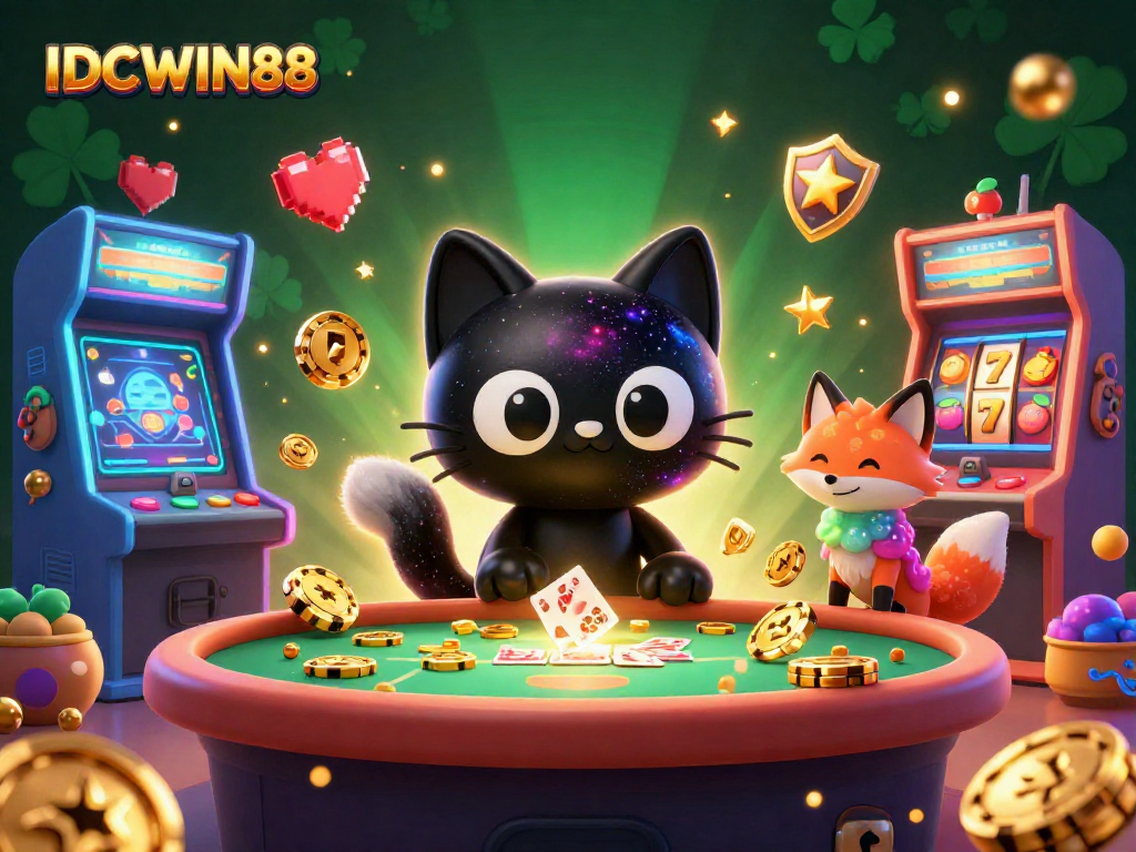 Play slots and win big at IDCWIN88 with an exciting cosmic casino scene featuring a black hole cat and colorful elements.