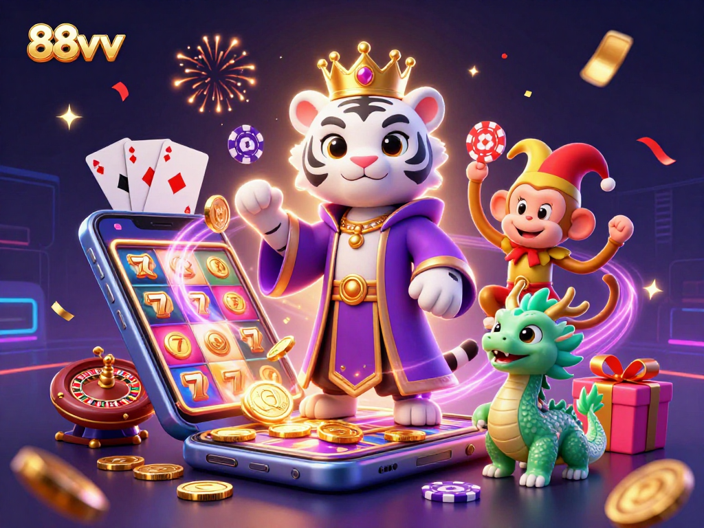 Engage with thrilling gaming experiences at 88vv, featuring a lively 3D casino scene displaying animated characters and vibrant slot elements.
