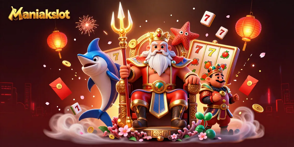 Engage with Maniakslot in this vibrant 3D illustration of Neptune surrounded by dynamic slot game elements.