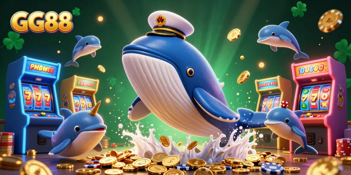 GG88 celebrates gaming with a whale, narwhal, and dolphins amidst jackpots and colorful casino elements.