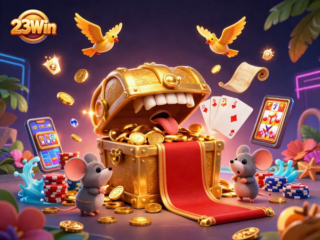 Experience the thrill of 23Win with vibrant casino action, lively game elements, and enticing imagery.