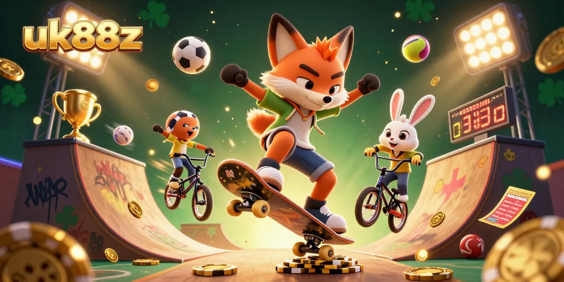 uk88z features a dynamic scene with a skateboarder fox and BMX rabbit in a vibrant casino setting.