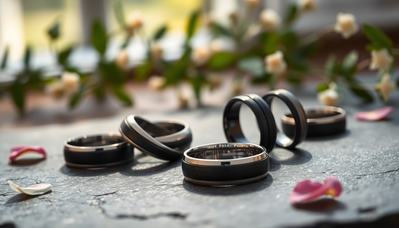 Showcase of dark mens wedding bands in various styles on a textured background, emphasizing elegance.