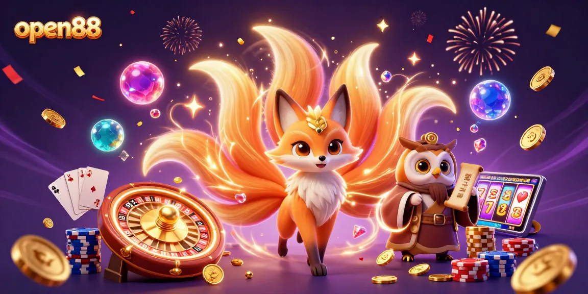 Experience thrilling action with open88 as a nine-tailed fox and wise owl create a captivating casino scene.