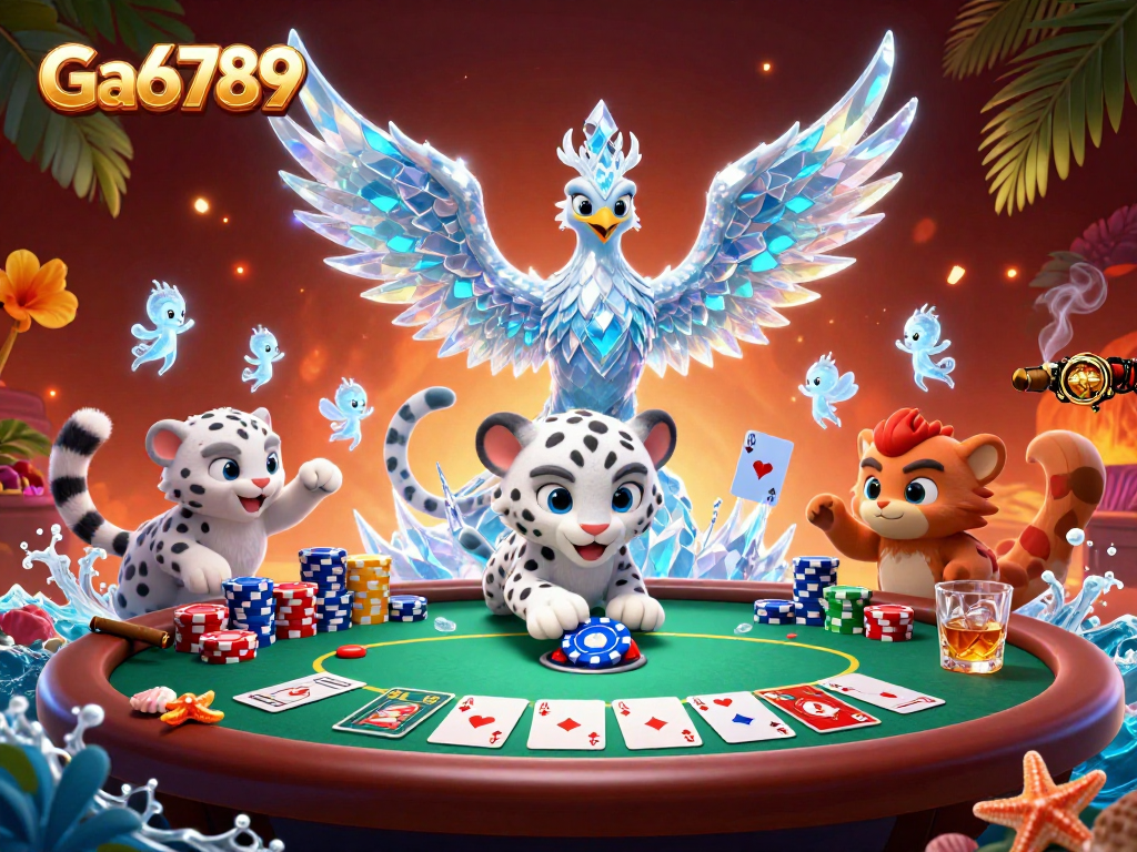 Engage with Ga6789's vibrant casino scene featuring a mesmerizing ice phoenix and poker action.