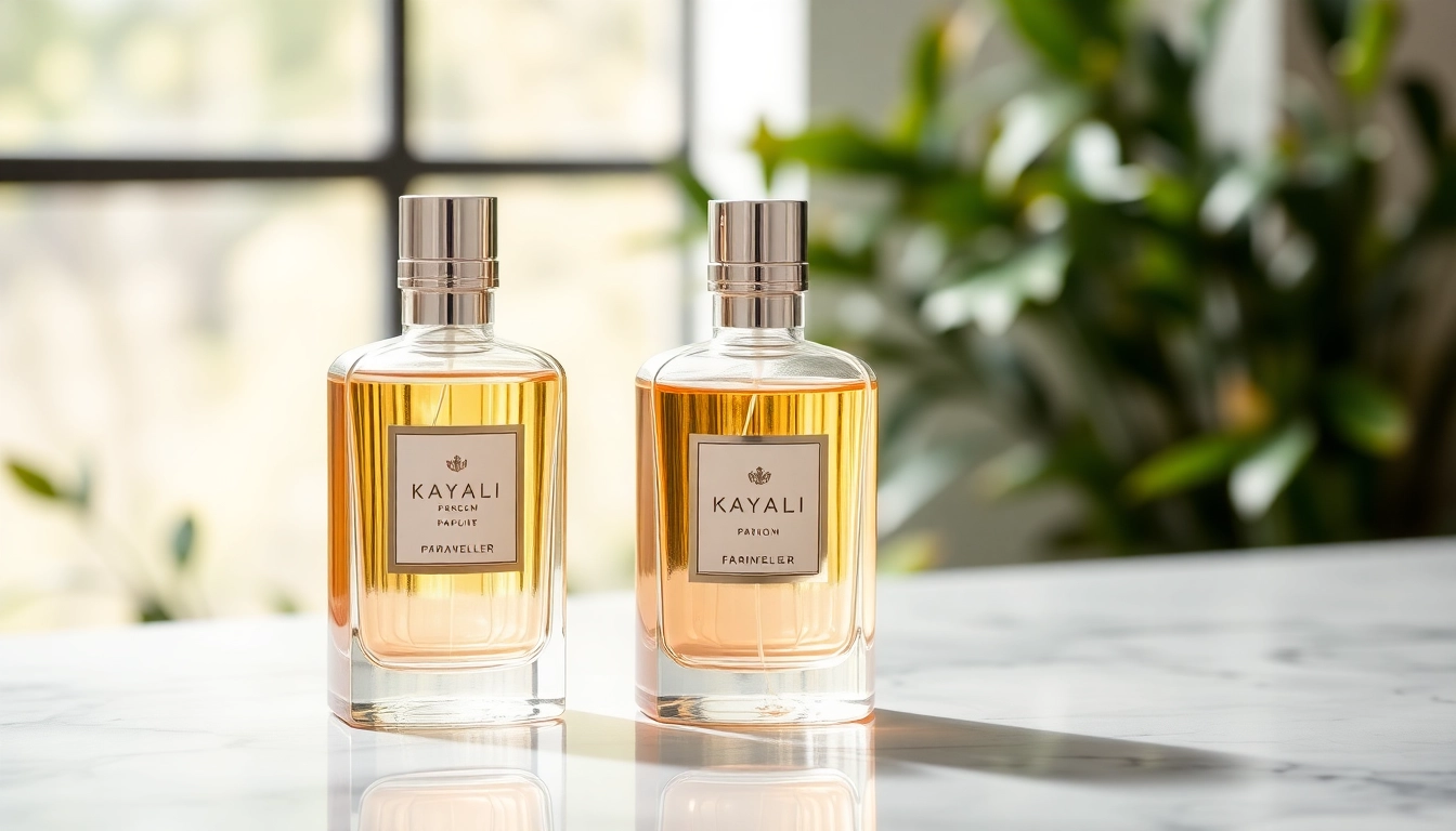 Showcase the kayali duo set with elegant perfume bottles on a luxurious marble surface.