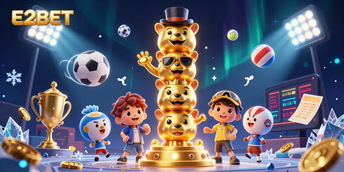 E2BET showcases exciting casino elements with a dynamic totem pole and sports balls in action.