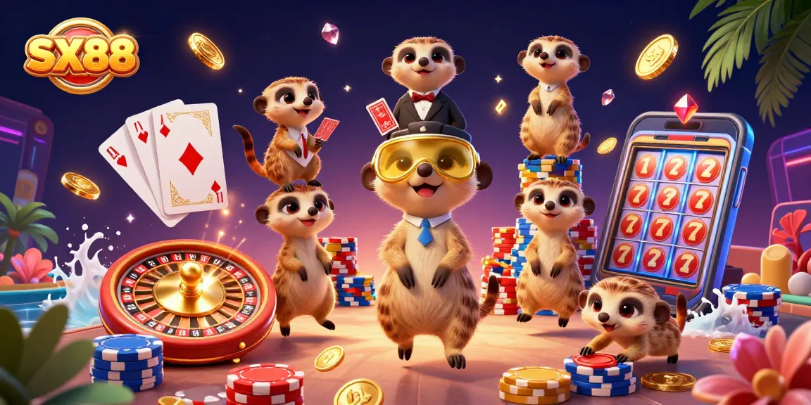 SX88 meerkats managing a vibrant casino scene full of action, coins, and excitement.