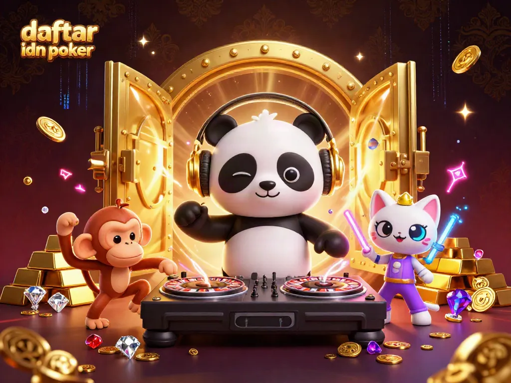 Engage with daftar idn poker in a festive casino scene featuring a DJ panda, monkey dancer, and kitten in rave gear.