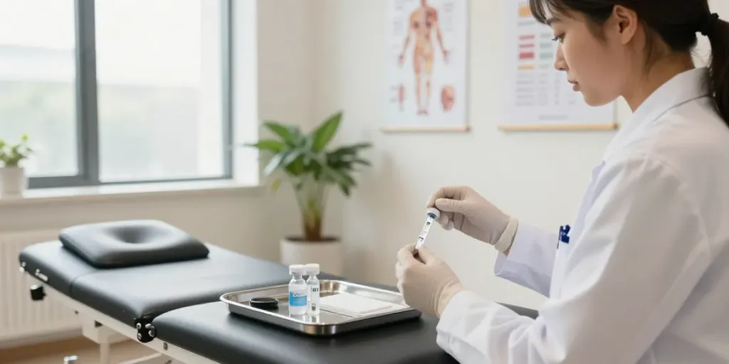 The healthcare professional prepares pt-141 peptide dosage in a modern wellness clinic.