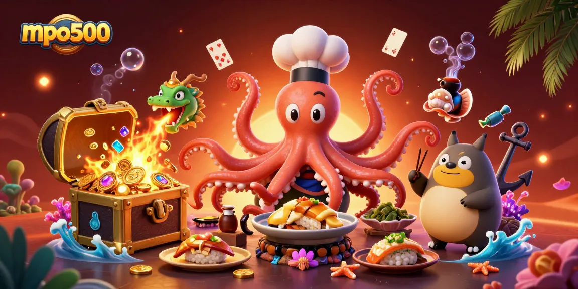 Experience the vibrant games of mpo500 with a colorful 3D illustration featuring culinary and gaming elements.