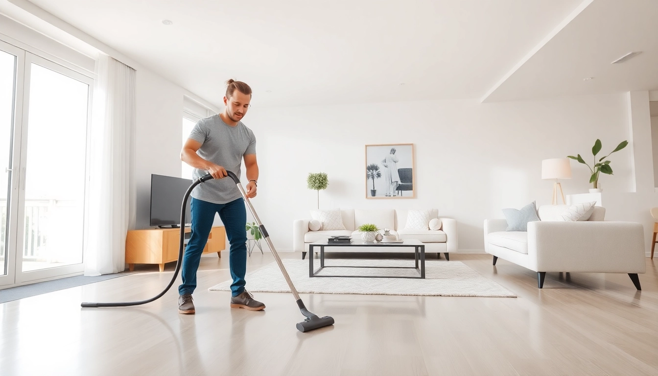 Bond cleaning in a bright living room with a professional cleaner vacuuming.