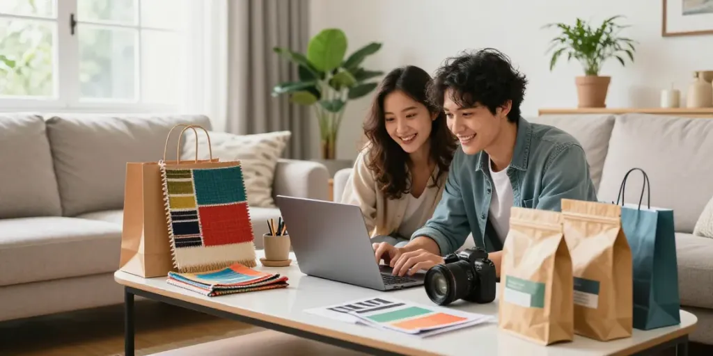 Shopsmart online shopping experience with couple browsing stylish products.