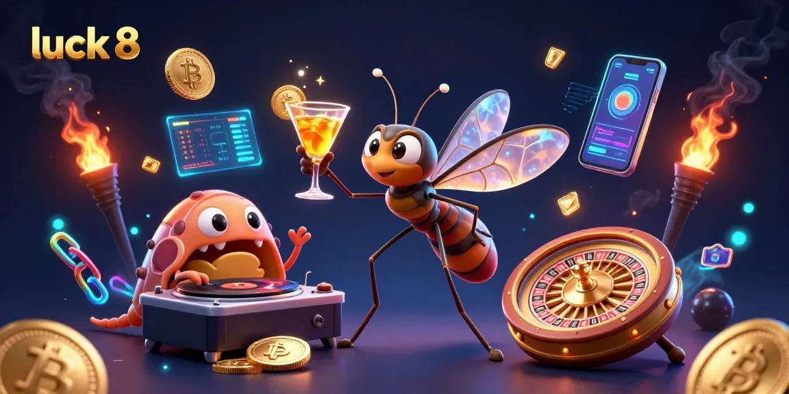 Win big with luck 8 at this vibrant casino scene featuring Bitcoin and a golden roulette wheel.