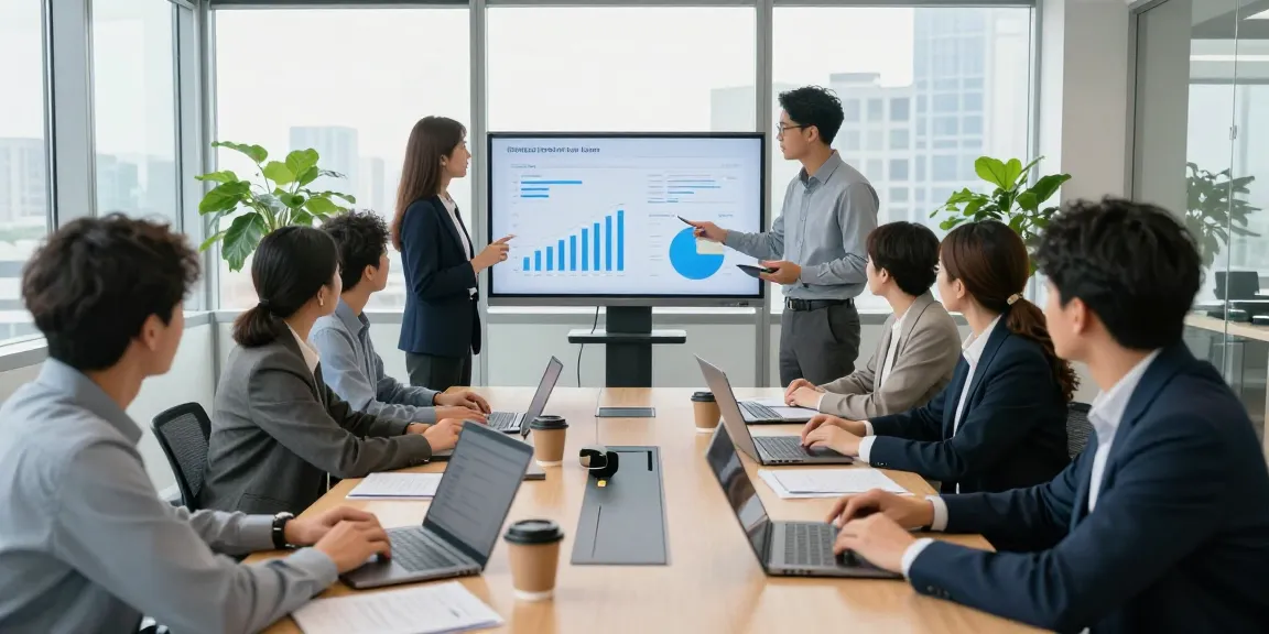 Business professionals analyzing data together to see more details in a modern meeting space