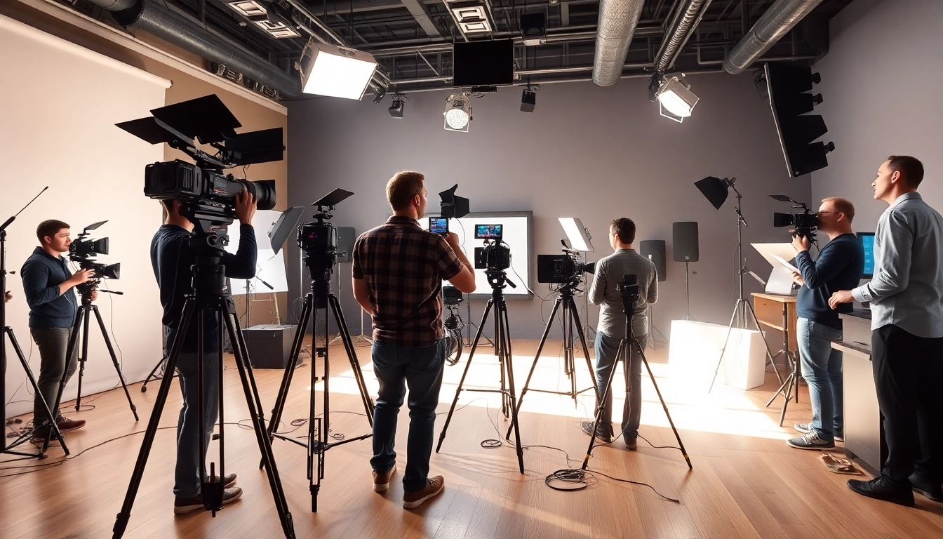 Video production Edmonton team collaborating in a studio with professional equipment.