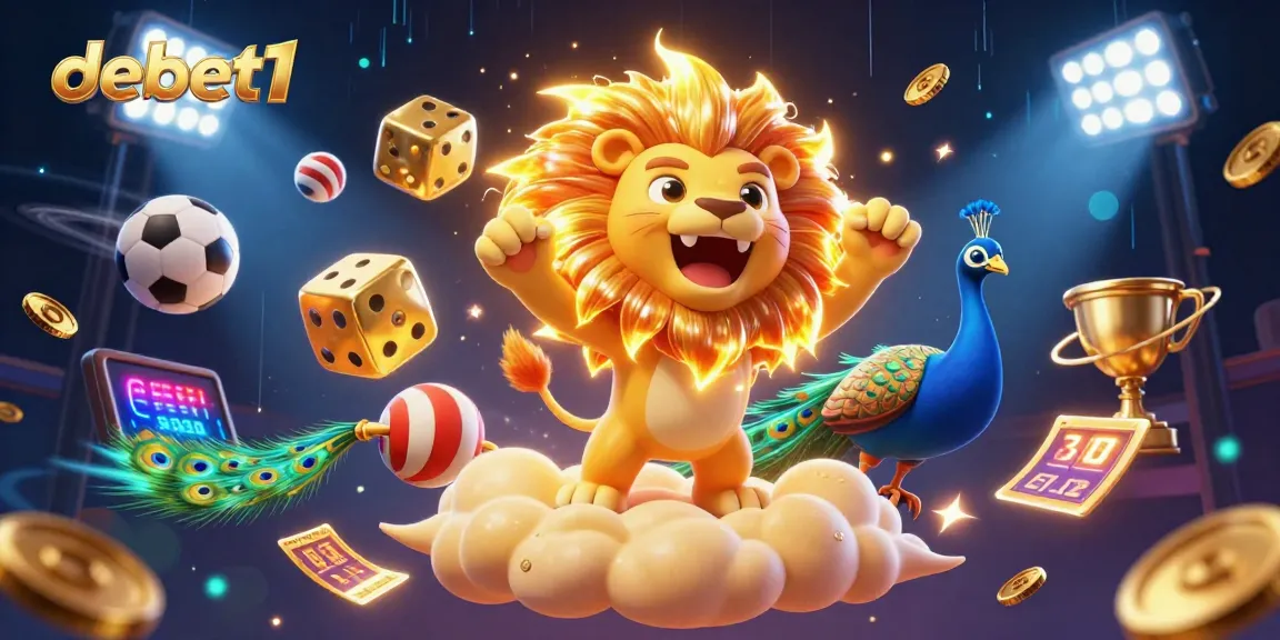 Experience thrilling sports action with debet1's dynamic 3D casino illustration featuring golden dice and a roaring sun lion.