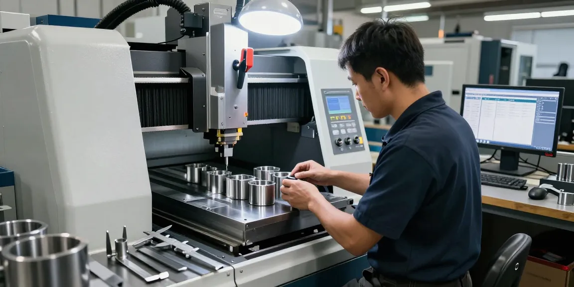 Crafting custom stainless steel parts in a busy manufacturing workshop with CNC machine and tools.
