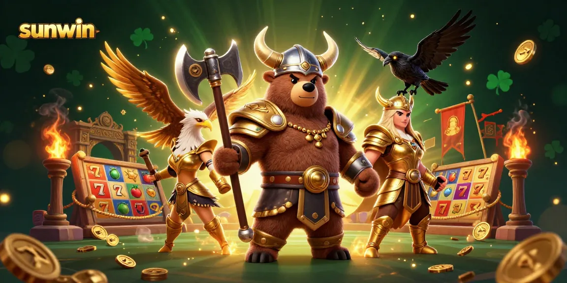 Engage with sunwin's vibrant slots experience featuring a Viking bear, Valkyrie eagle, and thrilling gaming elements.