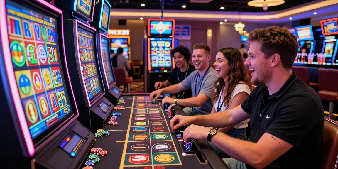 Pengunjung bermain di mesin situs slot dengan suasana kasino yang cerah dan penuh warna.