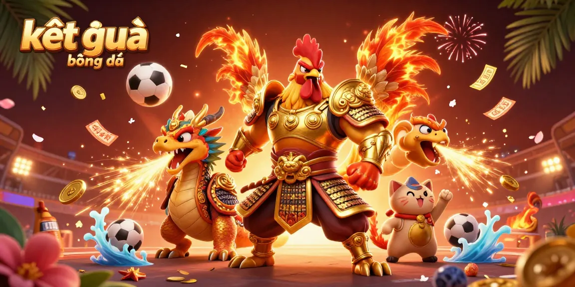 Engage with kết quả bóng đá statistics amid a vibrant sports betting scene featuring a colorful rooster warrior and dragon hatchling.