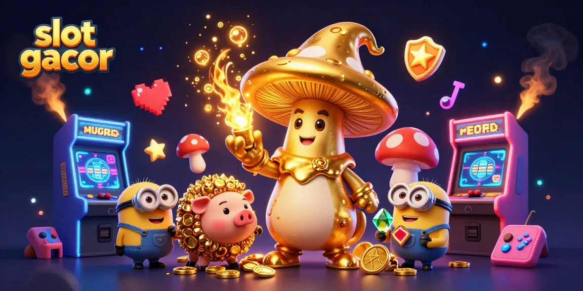 Bermain slot gacor dalam ilustrasi 3D menampilkan wizard besar berwarna emas dan elemen kasino cerah.