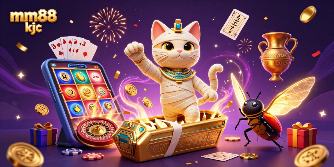 Experience the thrills of casino gaming with mm88 kjc featuring a mummy cat and scarab in a pyramid.