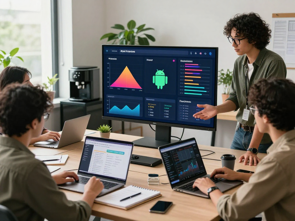 Buy android installs in a modern app marketing workspace with digital marketers collaborating on download strategies.