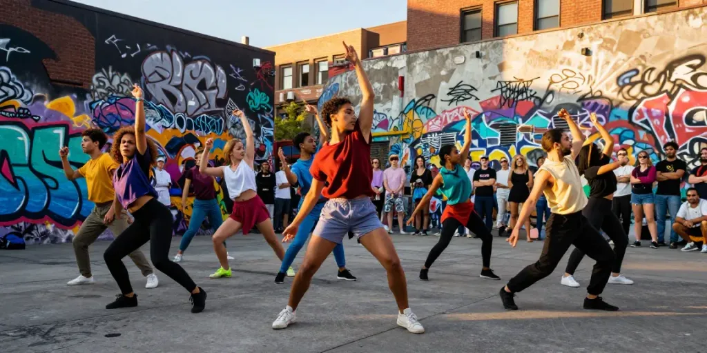 Dancers performing vibrantly in urban settings showcasing kineticsynergydancecompany.com artistry.