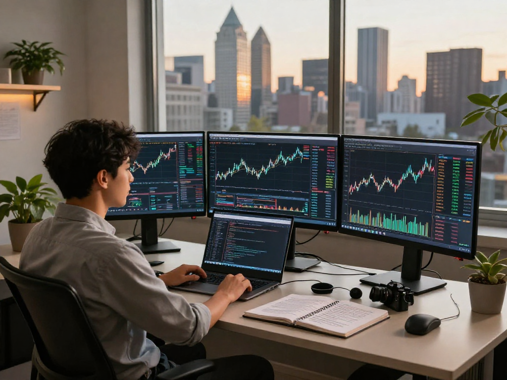 在使用MetaTrader 5的交易工作站，交易者分析市场趋势和策略，背景是城市天际线。