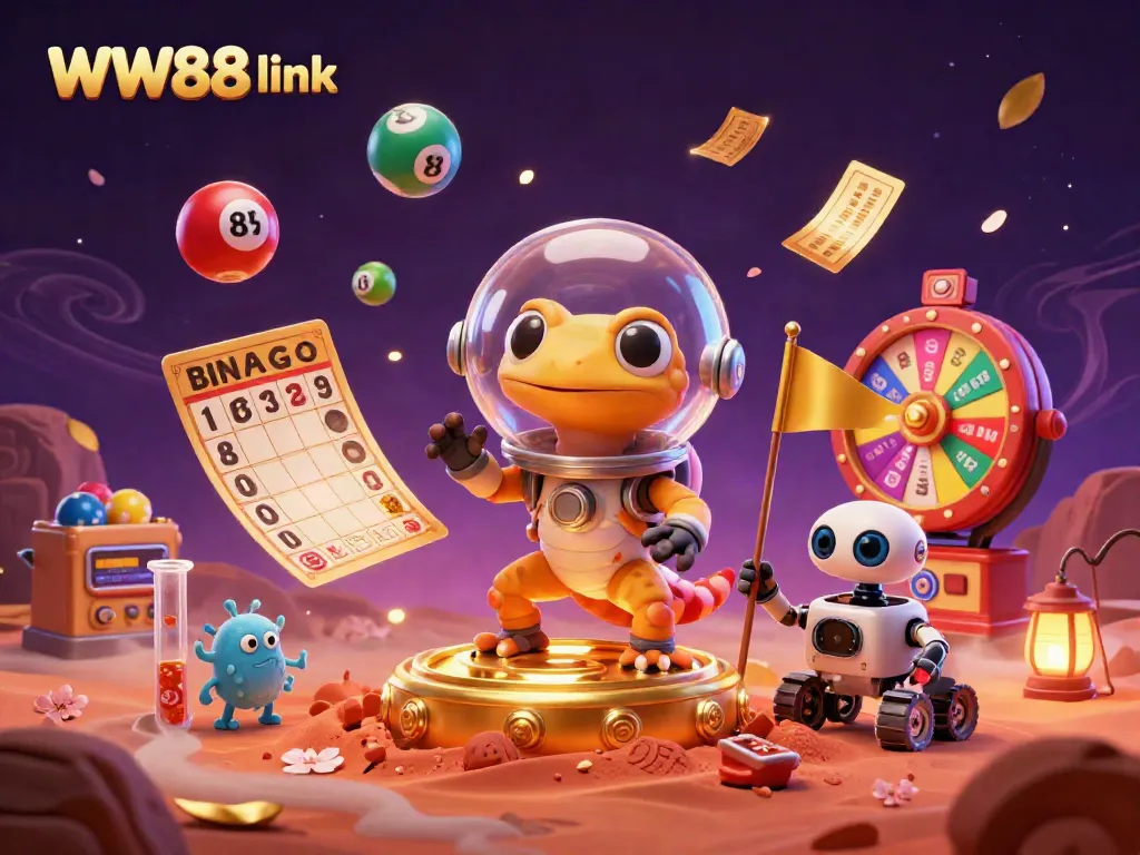 Engage with the exciting WW88 link, where a bold Martian gecko discovers a golden casino, surrounded by colorful games and vibrant elements.