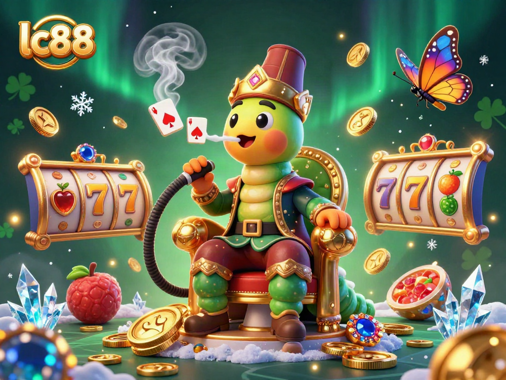 Engage with lc88's vibrant casino scene featuring a hookah-master blowing poker symbols amidst slots and glimmering coins.
