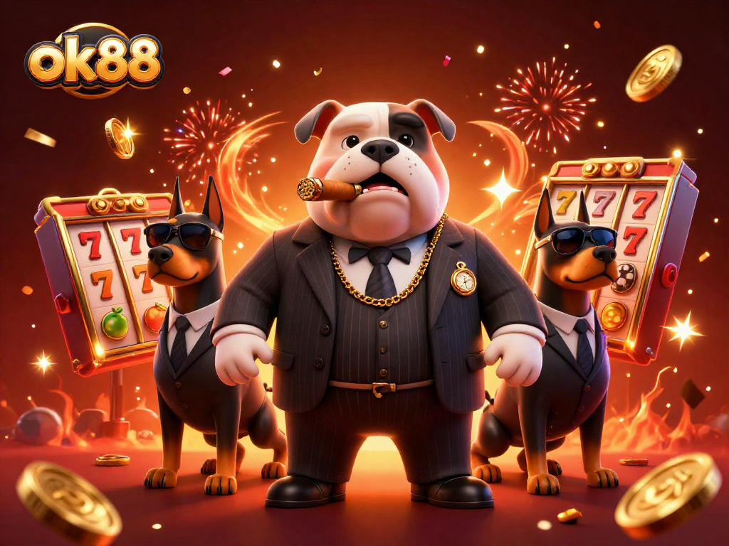 Engaging with ok88's dynamic slot games, a mafia bulldog and his Doberman bodyguards showcase exciting elements of casino entertainment.