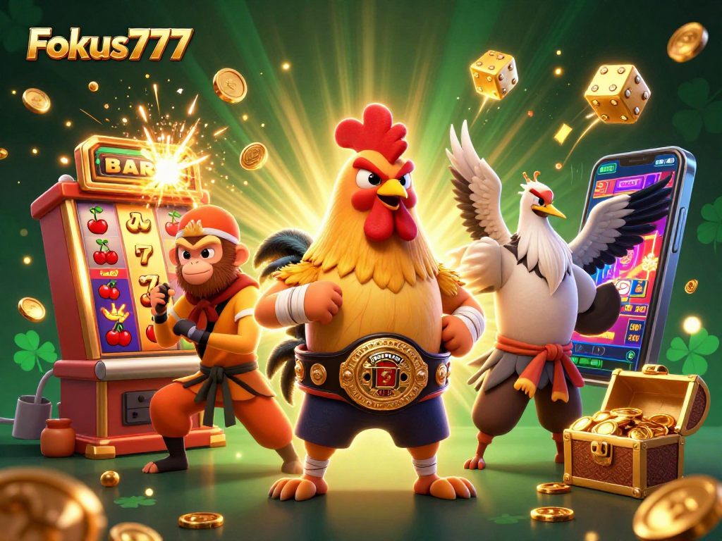 Experience the excitement at Fokus777 with a vibrant 3D casino scene showcasing an animated jackpot.