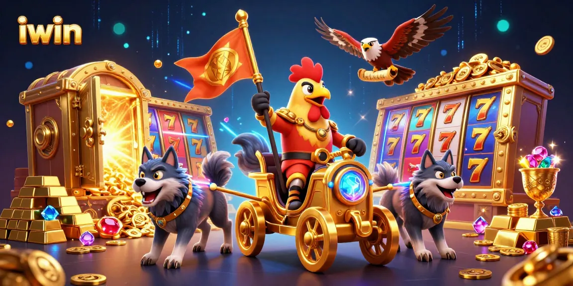 Iwin fosters excitement with a 3D rooster warlord leading gems and golden treasures in an electrifying casino adventure.