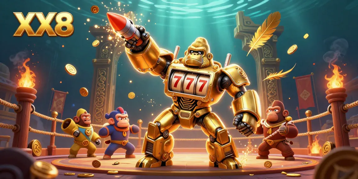 Experience the excitement of XX8 with a dynamic golden gorilla mech and slot machine elements.