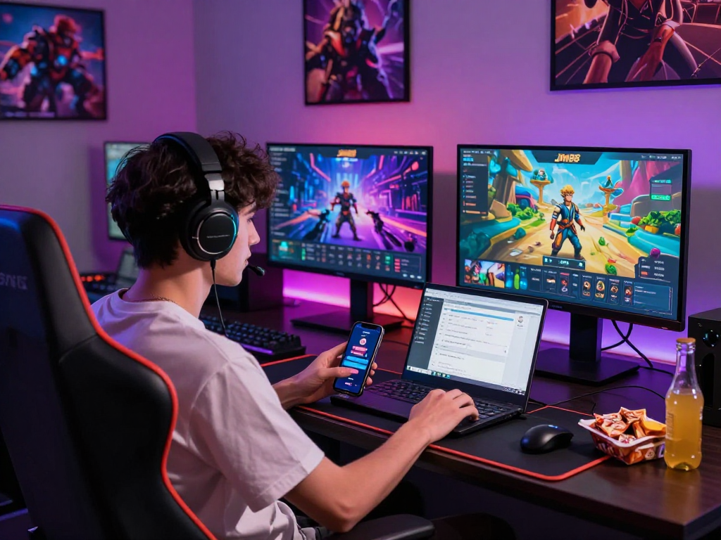 Tải xuống ứng dụng Jin88 trong không gian chơi game hiện đại, người dùng tương tác với giao diện rực rỡ.