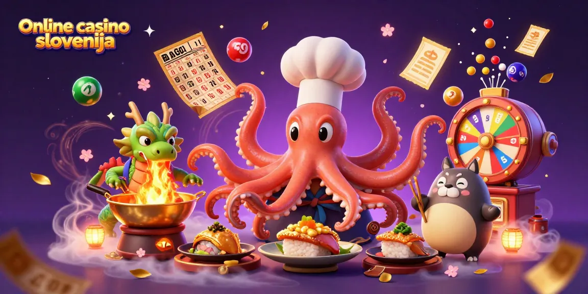 Prikaz 3D ilustracije, kjer online casino Slovenija oživlja s trgovcem s suši, zmajem in tanukijem.