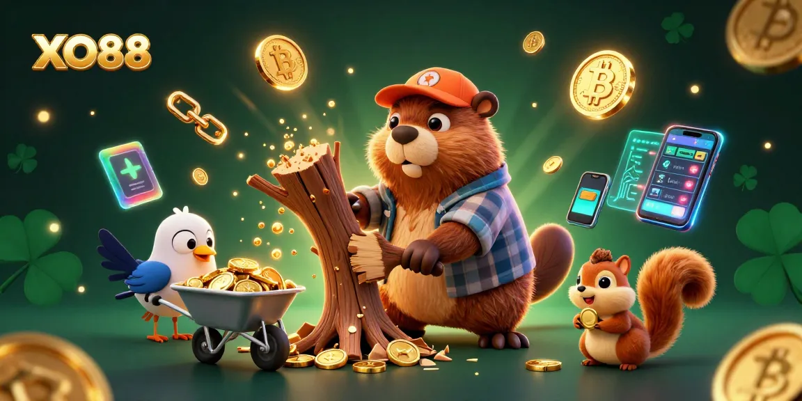 Experience the excitement of XO88 with cartoon beavers and crypto-themed elements in a vibrant scene.