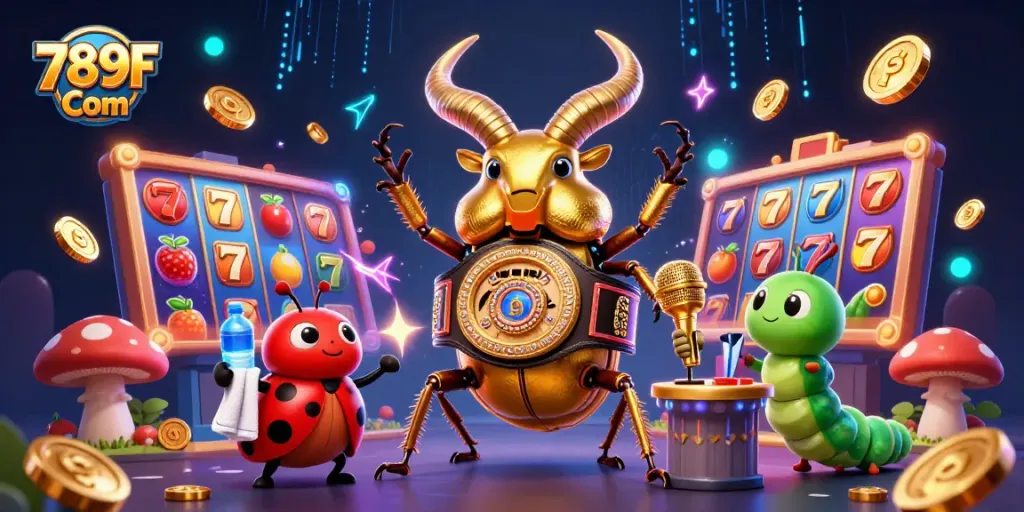 Game with 789F Com, showcasing a giant golden stag beetle in a boxing ring with slot themes.