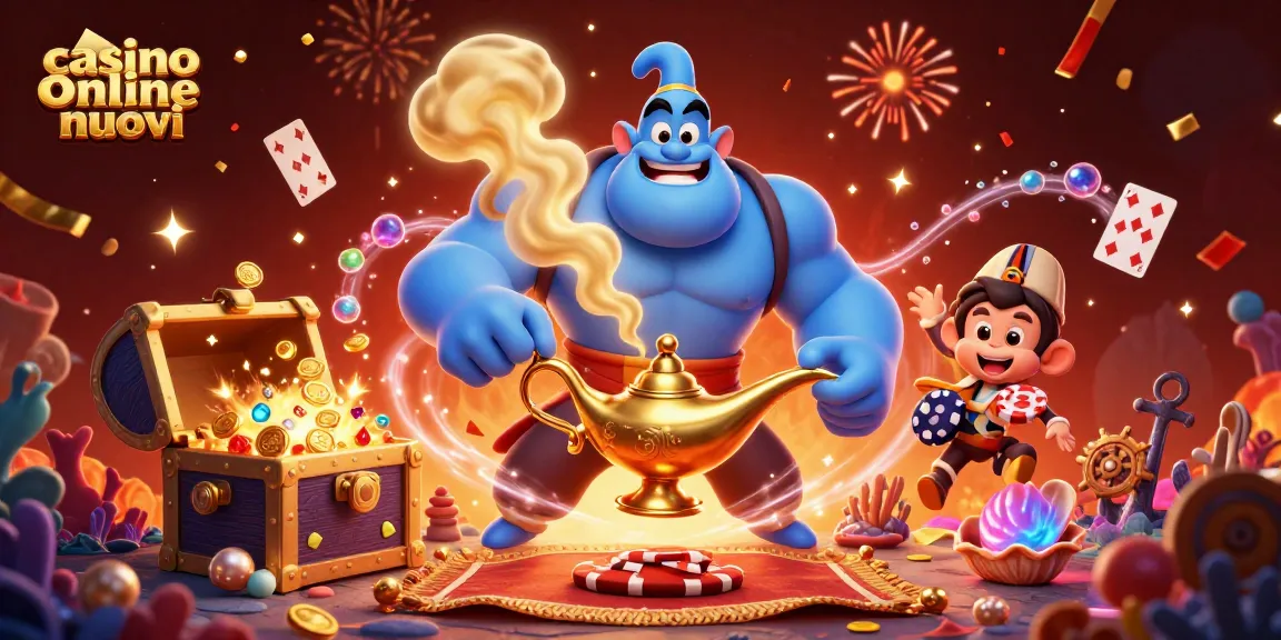 Gioca nei migliori casino online nuovi con un genio e tesori marini in un'illustrazione 3D vibrante.